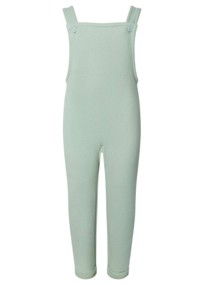 A beige-colored baby dungers with the name 'Thea' printed on the front, featuring a long-sleeve top and overall pants with button fasteners and elasticated back pocket detail.