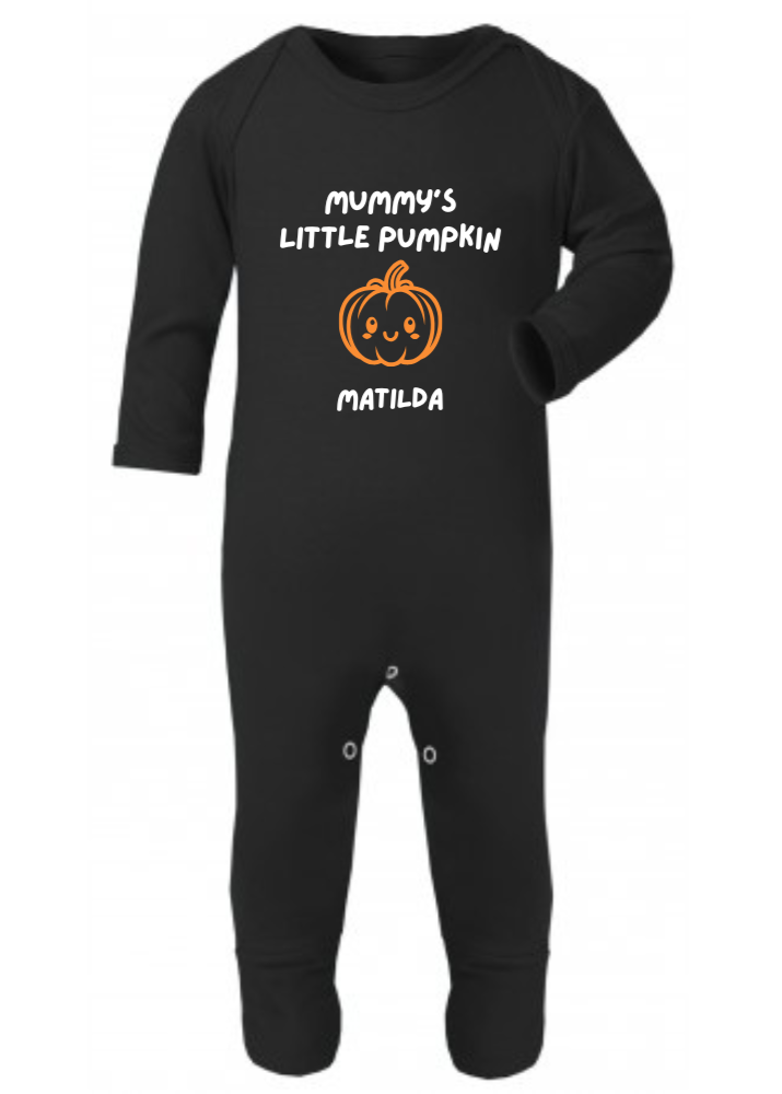Black baby onesie with 'Mummy's Little Pumpkin' text and pumpkin graphic on a white background