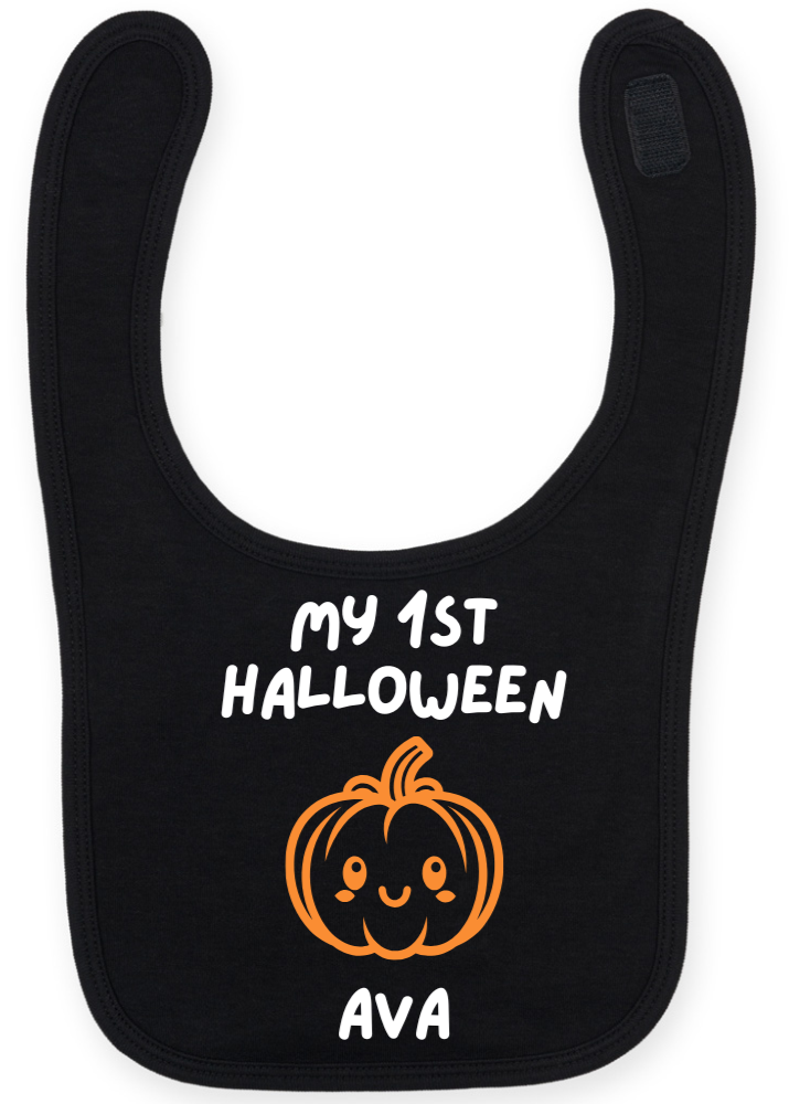 Black bib with 'My 1st Halloween' and a pumpkin design on a white background