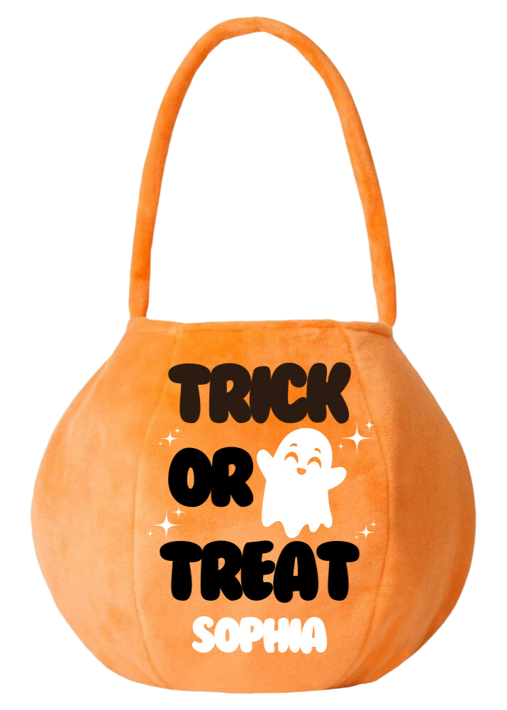 Orange pumpkin-shaped candy basket with 'Trick or Treat Sophia' text on a white background