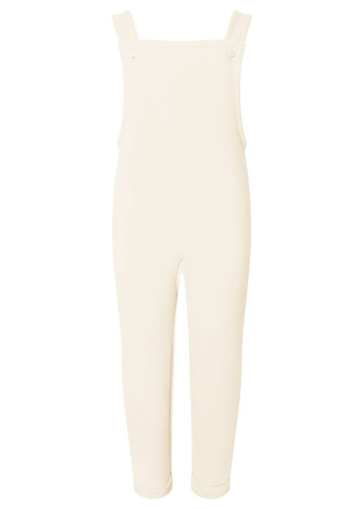 A beige-colored baby dungers with the name 'Thea' printed on the front, featuring a long-sleeve top and overall pants with button fasteners and elasticated back pocket detail.