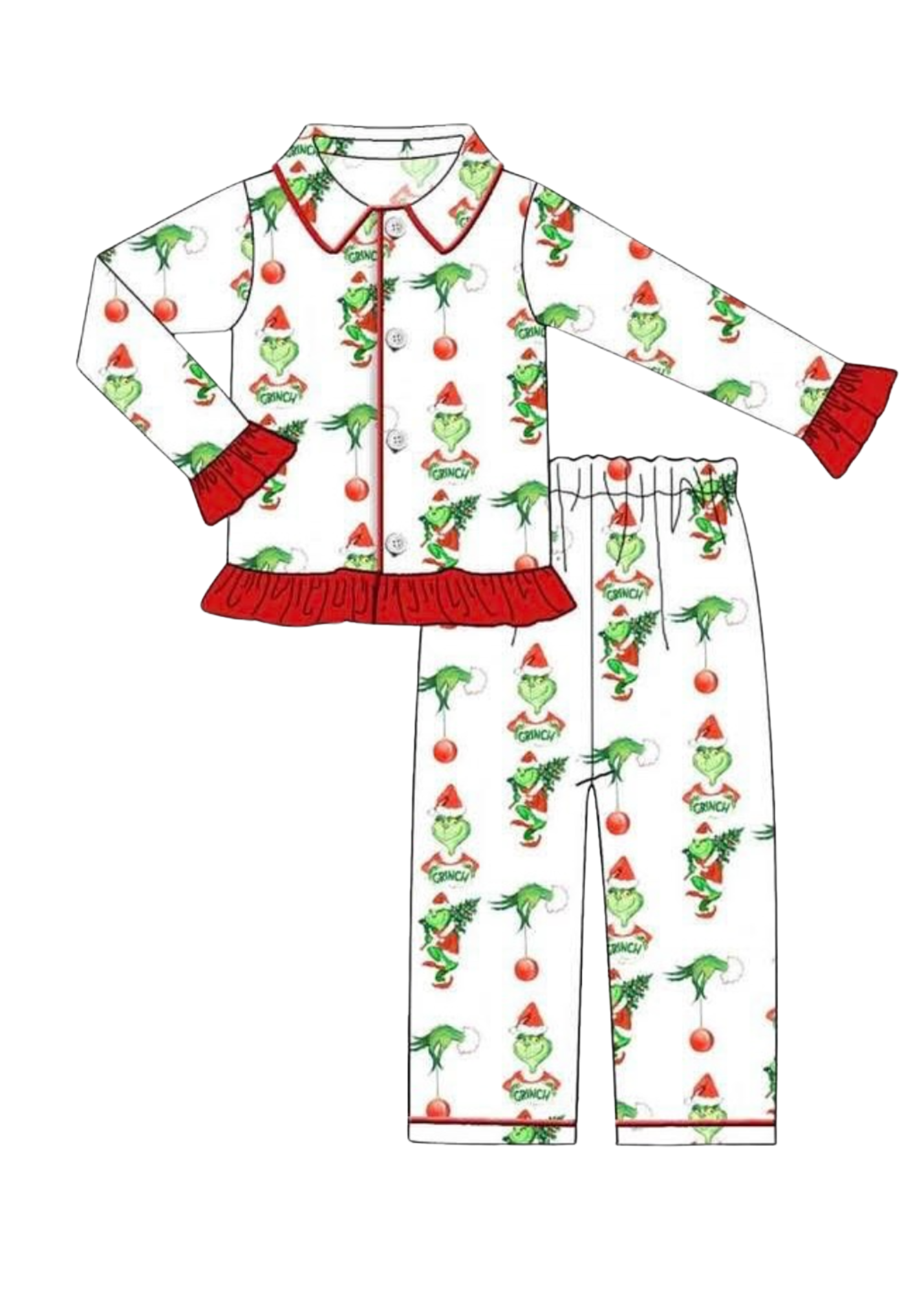 Children's pajama set with Grinch pattern on a white background