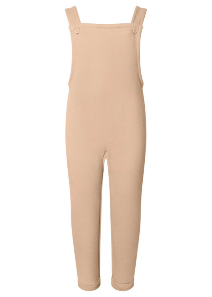 A beige-colored baby dungers with the name 'Thea' printed on the front, featuring a long-sleeve top and overall pants with button fasteners and elasticated back pocket detail.