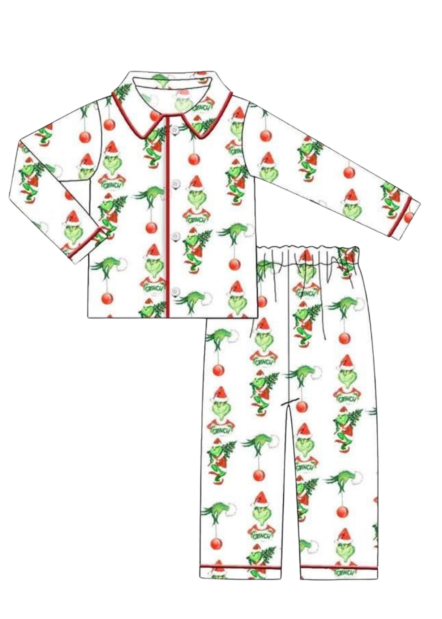 Children's pajama set with Grinch print on a white background