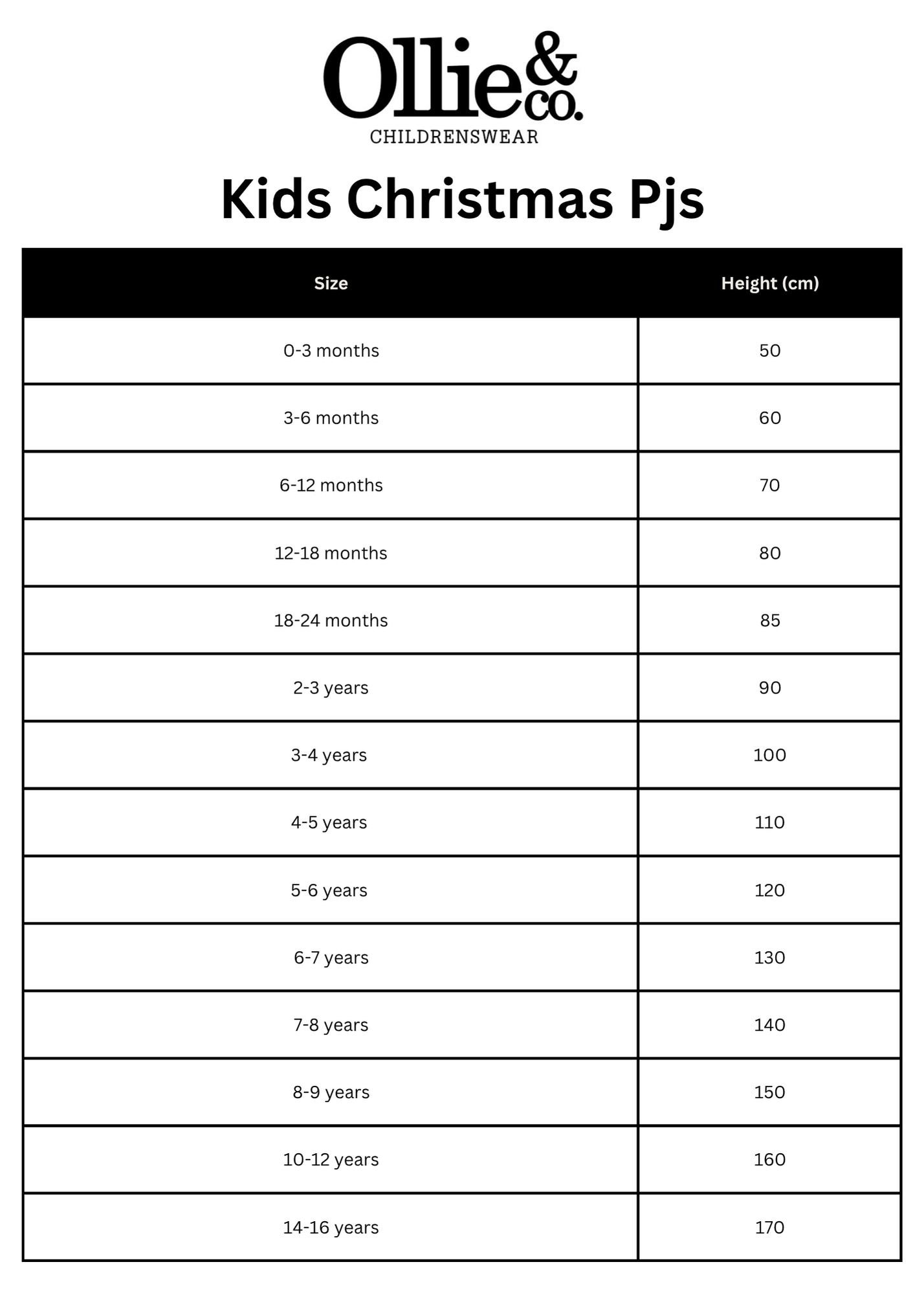 Chart for kids Christmas PJs sizes with Ollie & Co. branding