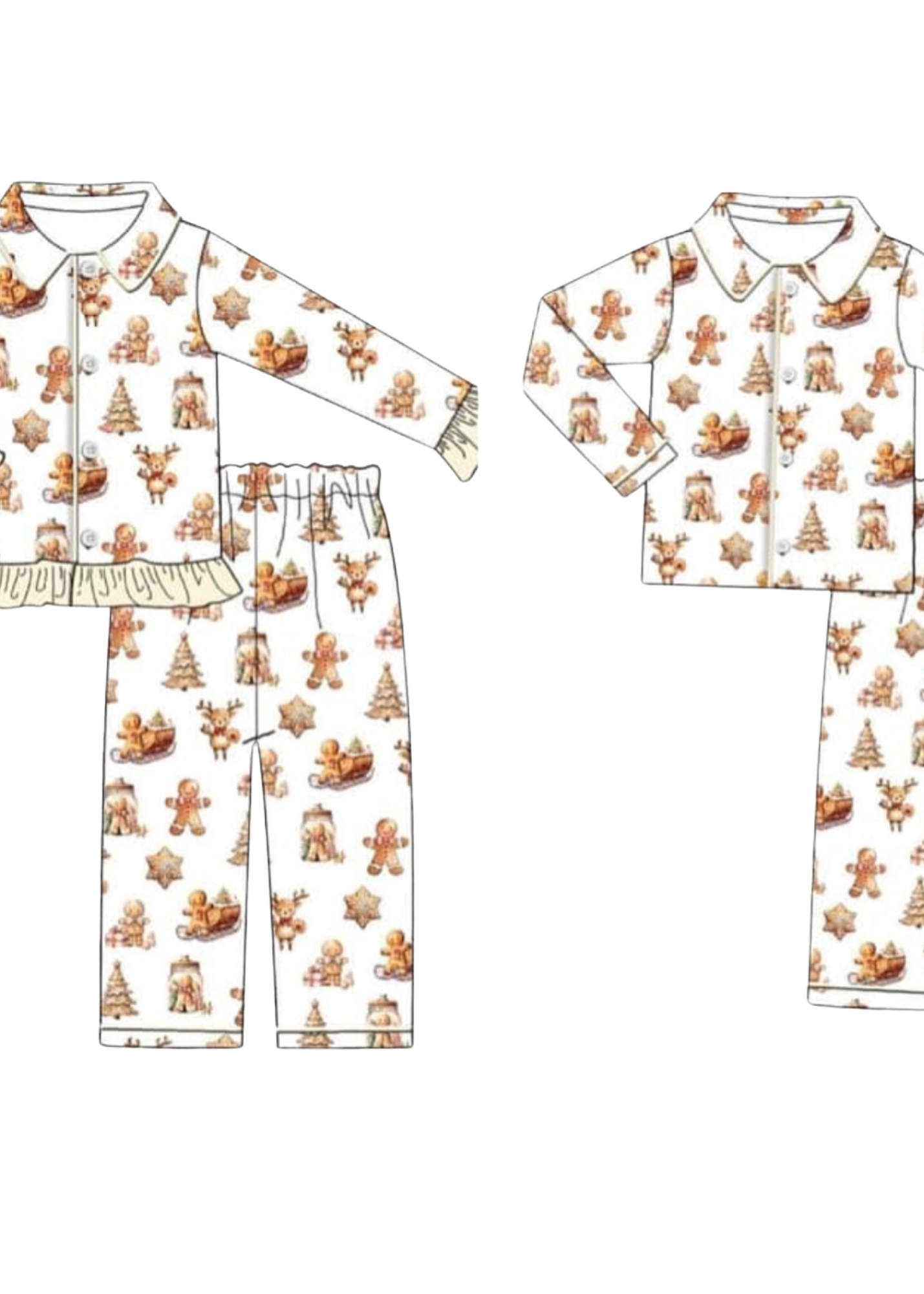 Children's pajama set with gingerbread man and tree pattern on a white background