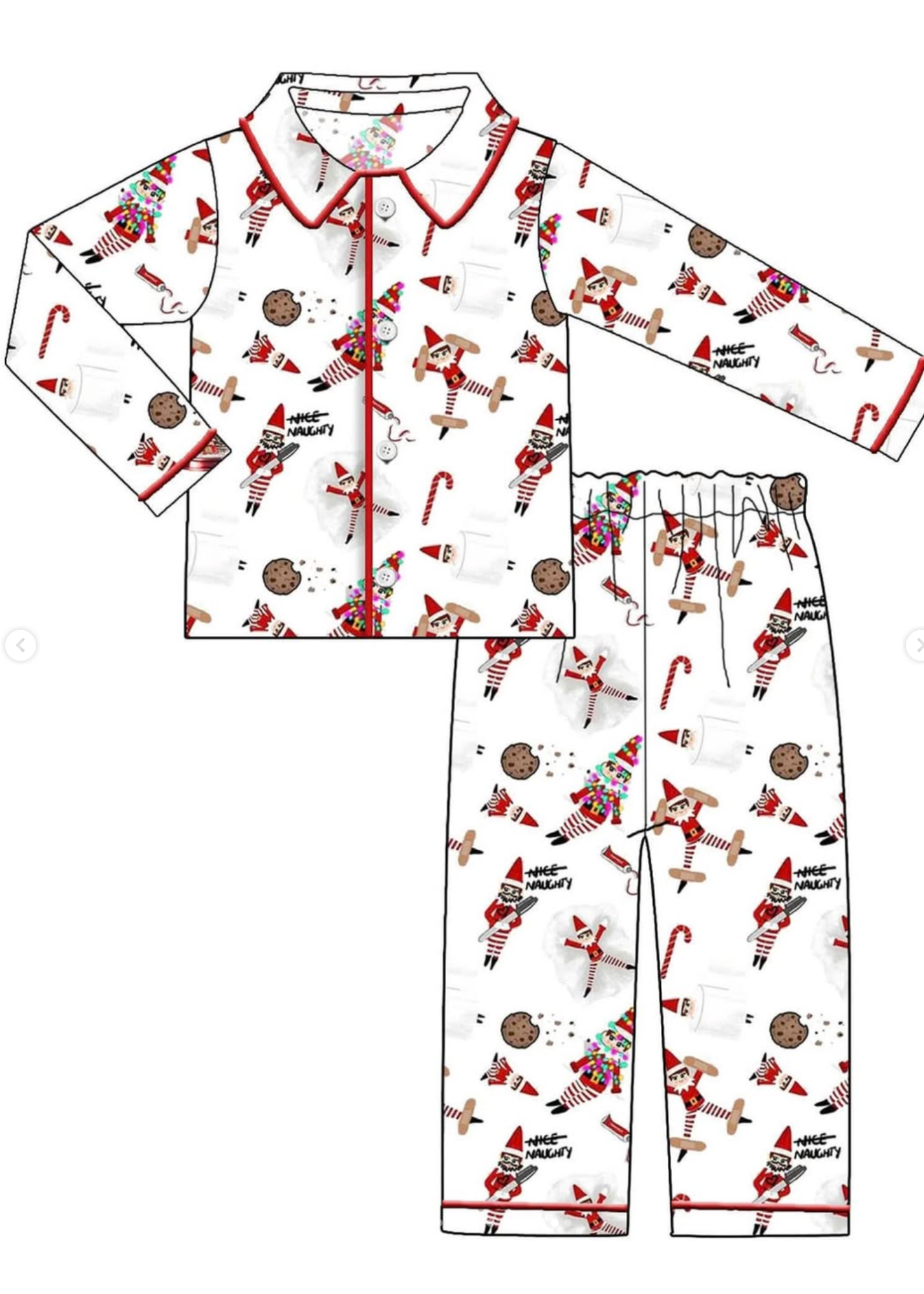 Children's pajama set with Christmas-themed pattern on a white background