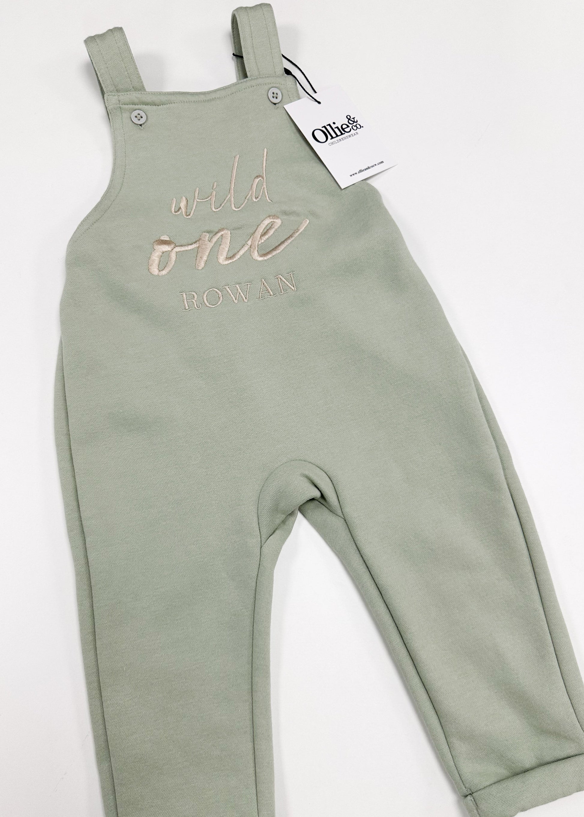 Green baby overalls with 'Wild One' text and OshKosh tag on a white background