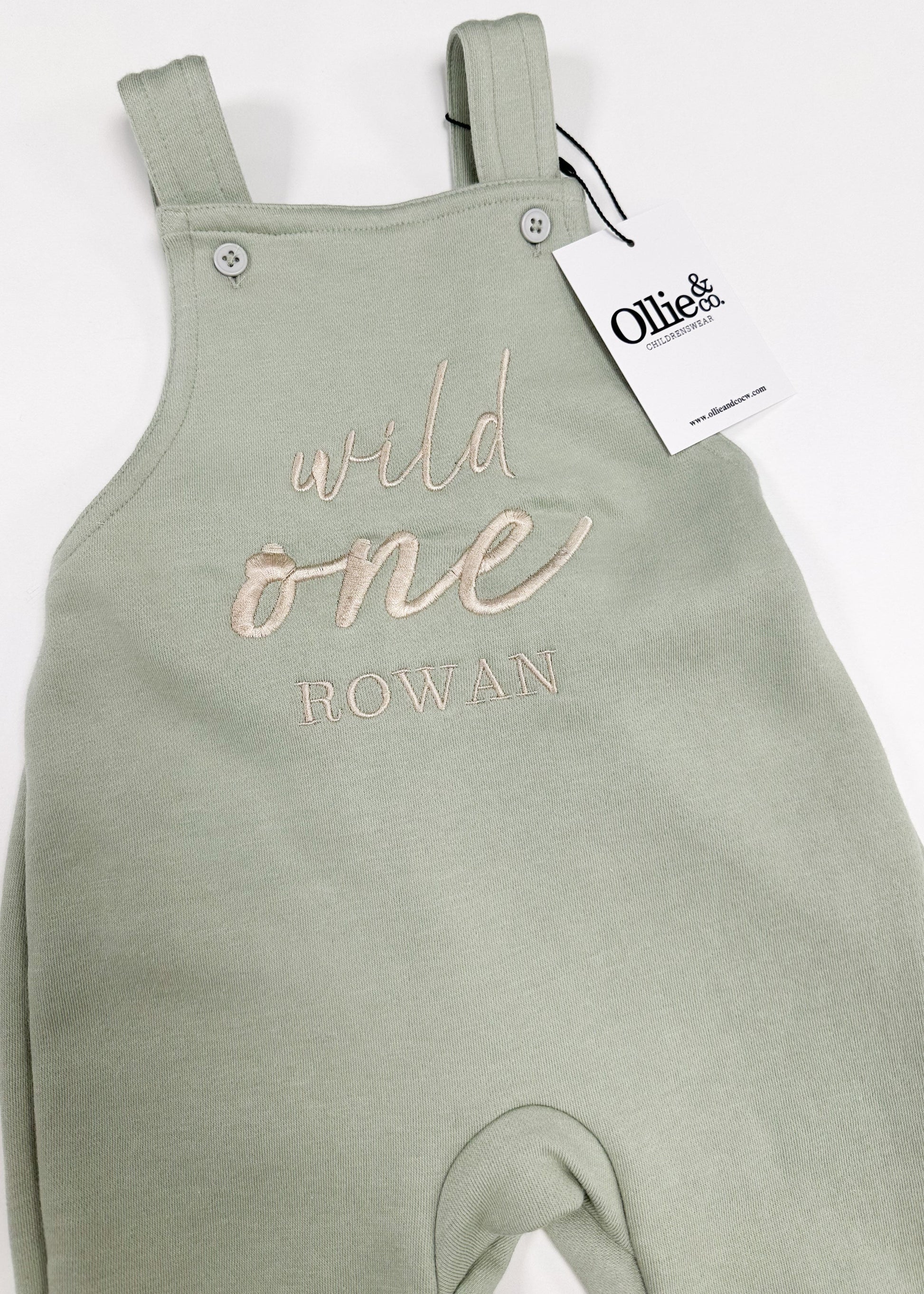 Green baby romper with 'wild one' and name embroidery, brand tag visible