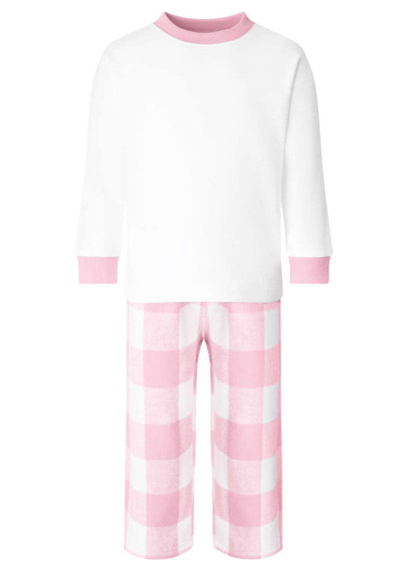 White long-sleeve top and pink plaid pants set on a white background