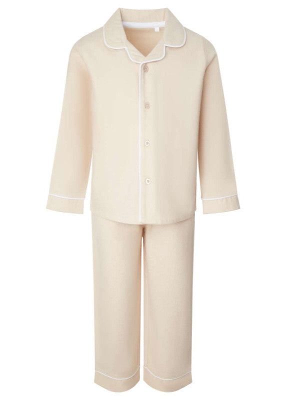 Beige pajama set with white trim on a white background