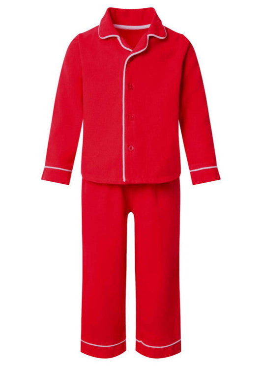 A traditional red pyjama set with long sleeves and button closure, consisting of a top and bottoms.