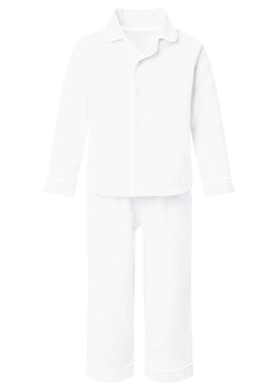 A white cotton sleeping suit with long sleeves and button closure, consisting of a top and bottom.