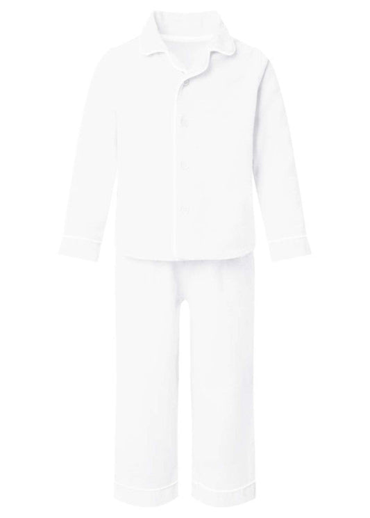 A white cotton sleeping suit with long sleeves and button closure, consisting of a top and bottom.