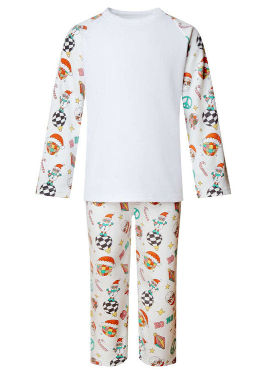 Children's pajama set with colorful patterns on a white background