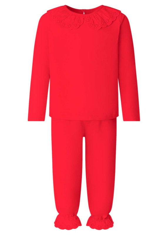 Red pajama set with ruffled collar on a white background