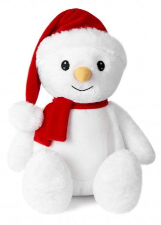Plush snowman toy with a red hat and scarf on a white background