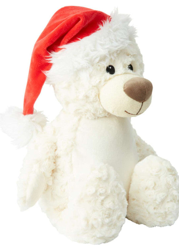 White teddy bear with a red Santa hat on a white background
