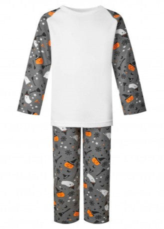 Children's pajama set with white top and gray pants featuring Halloween-themed patterns on a white background.