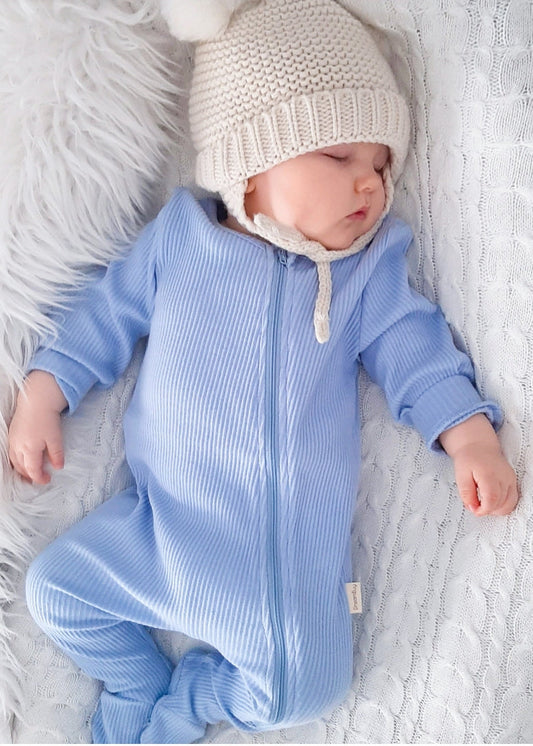 Powder Blue Zip Up Ribbed Romper