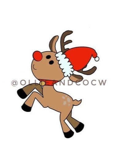 Cartoon reindeer wearing a romper with a white and red Christmas themed hat, running with a 'Ollie & Co' logo in the background.