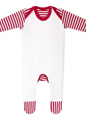 A white baby romper with red candy cane stripes, designed for newborns to 12 months old.