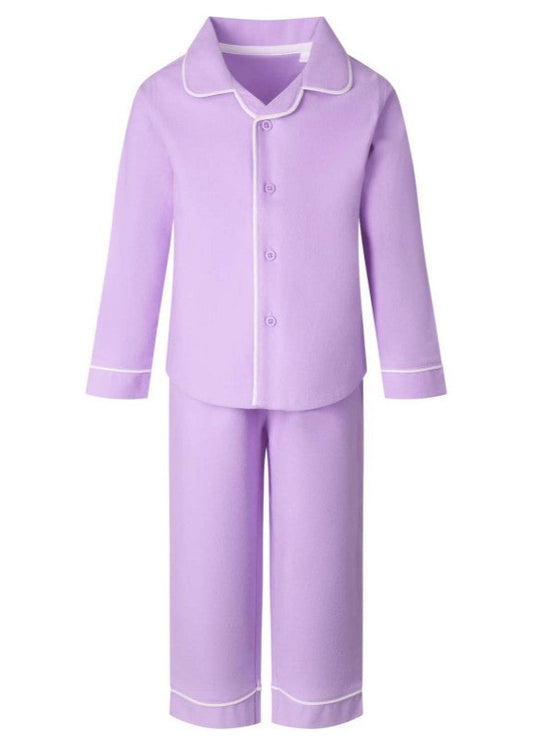 A traditional lilac colored pyjama set with long sleeves and bottoms, featuring white piping and a button closing.