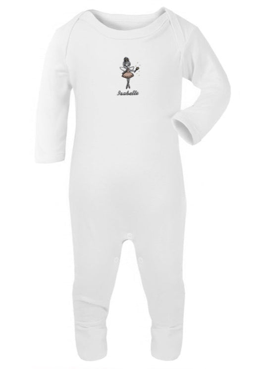 White romper for babies with a fairy illustration on the top left front and the brand name 'Ollie' on the sleeve.