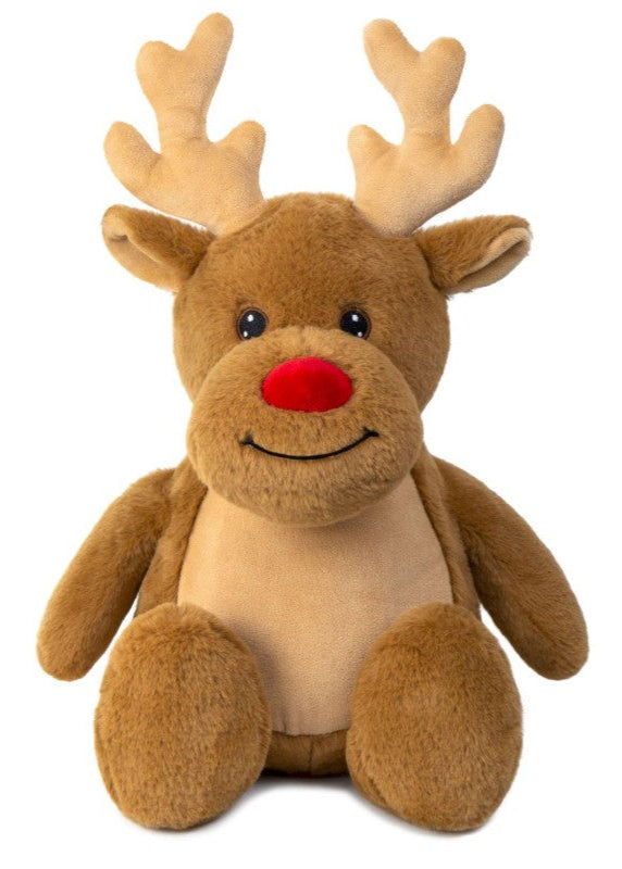 A plush toy reindeer with a brown color scheme, featuring large eyes, a friendly expression, and decorative antlers.