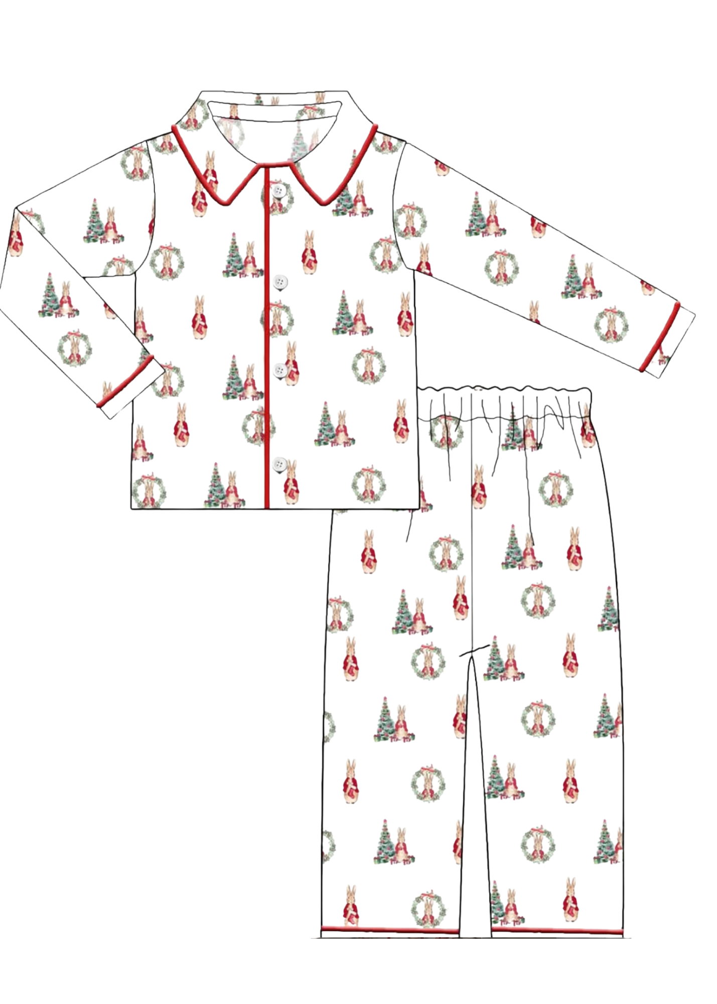 Christmas-themed pajama set with reindeer and trees on a white background