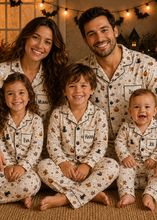 A family of five wearing matching personalized pajamas, sitting together in a cozy, warmly lit room decorated with string lights and Halloween ornaments. The pajamas are cream-colored with a pattern of small black cats, orange pumpkins, and brown leaves, featuring black piping and custom names on the chest pockets (Mumani, David, Eva, Harry, and Joe).