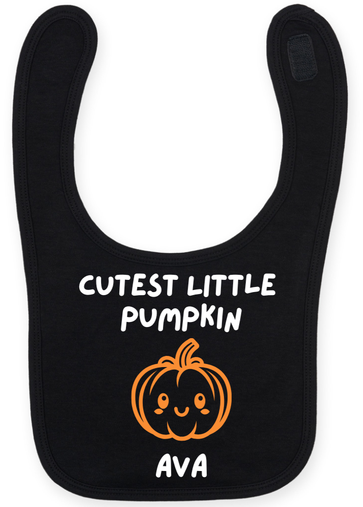 Black bib with 'Cutest Little Pumpkin' text and pumpkin graphic on a white background