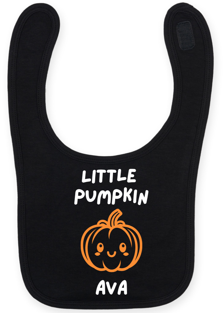 Black bib with 'Little Pumpkin Ava' text and pumpkin graphic on a white background