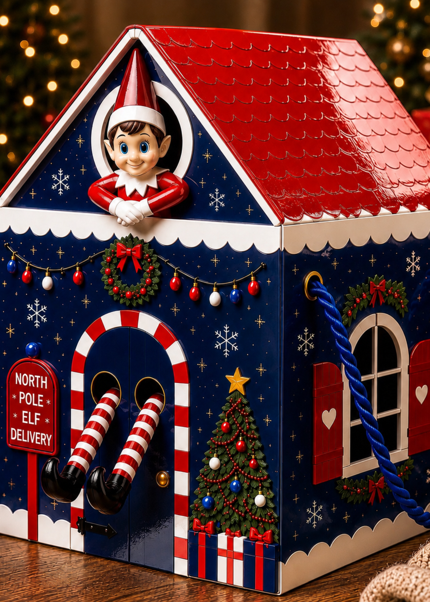 NEW Navy & Red Elf House