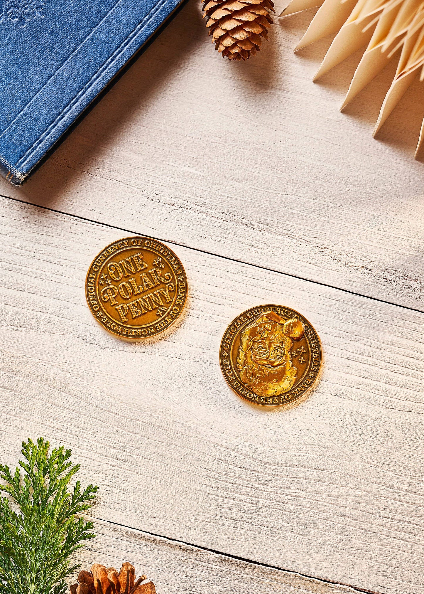Two gold coins on a wooden surface with a blue book and decorative items.