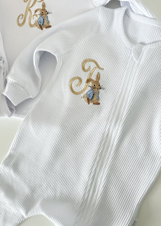 White Zip Up Easter Ribbed Romper