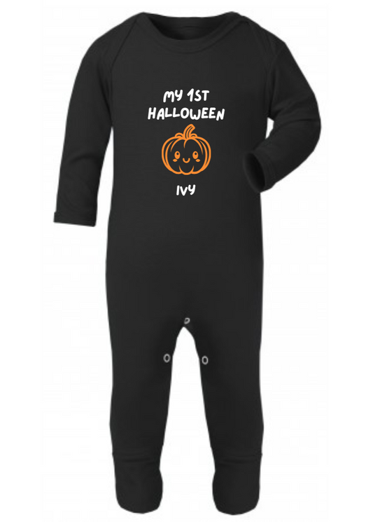 Black baby onesie with Halloween design and text on a white background