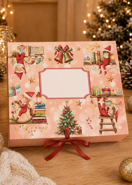 A square pink Christmas-themed gift box with illustrated holiday scenes around a blank center panel, tied with a red ribbon, set on a wooden surface with warm festive background lights.