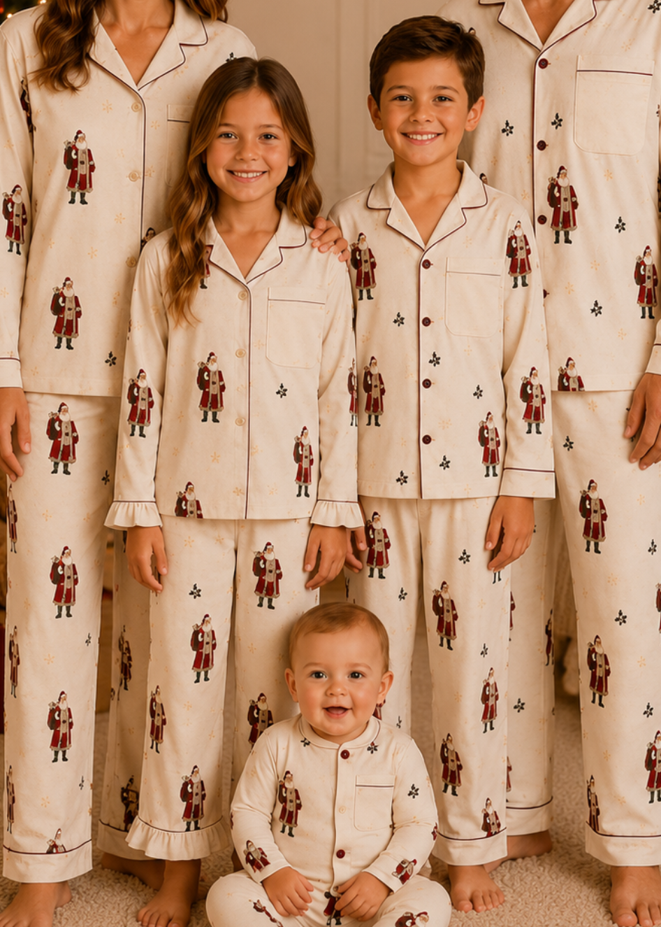 Family of four wearing matching pajamas in a cozy room with a Christmas tree.