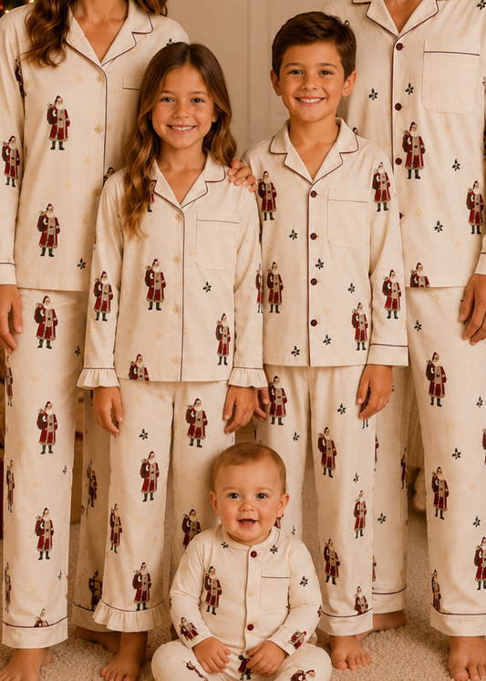 Family of four wearing matching pajamas in a cozy room with a Christmas tree.