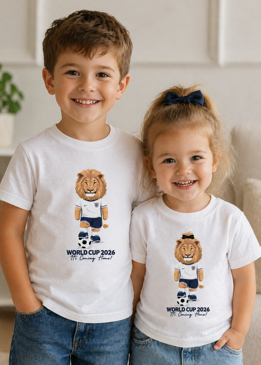 Two children wearing white t-shirts with a lion graphic and 'World Cup 2026' text.
