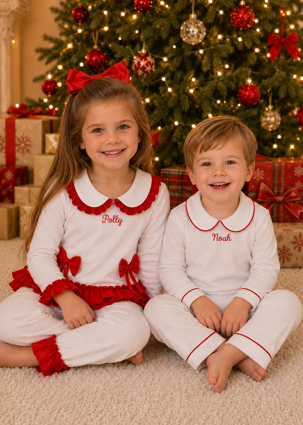 Two children in matching pajamas sitting in front of a Christmas tree.