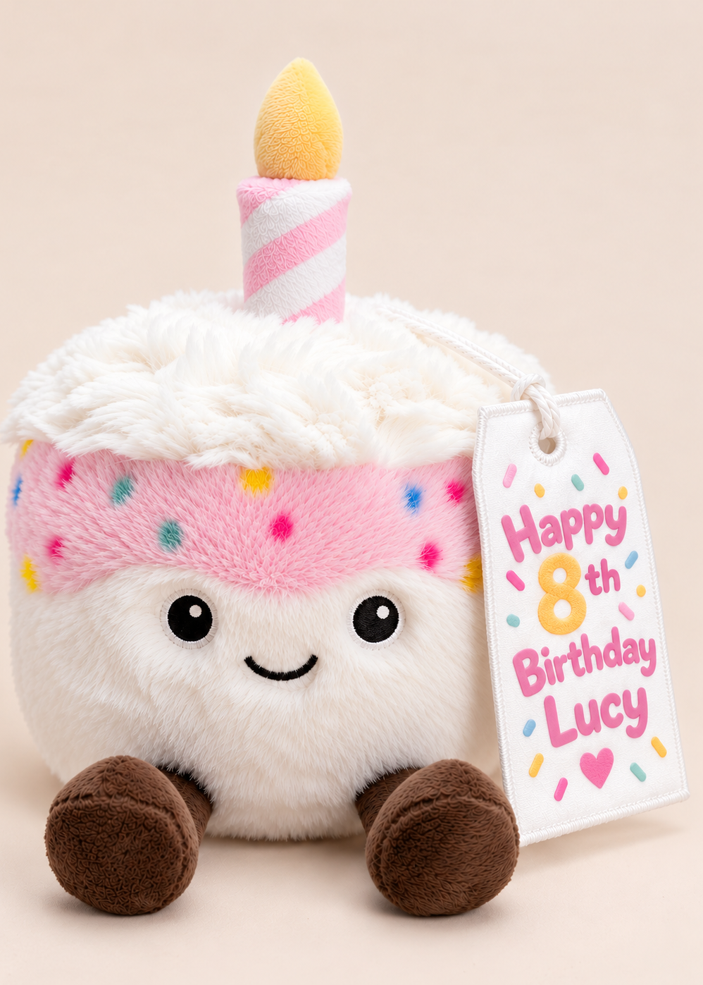 A plush cupcake-shaped birthday gift toy with a smiling face, white fluffy frosting, a pink sprinkle band, a pink-and-white candle on top, and a hanging tag that reads 'Happy 8th Birthday Lucy.'.