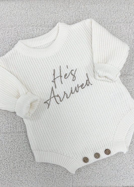 He's Arrived Mocha Knitted Baby Romper - Ready To Go