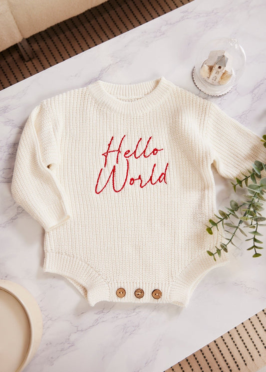 Hello World Red Knitted Baby Romper - Ready To Go