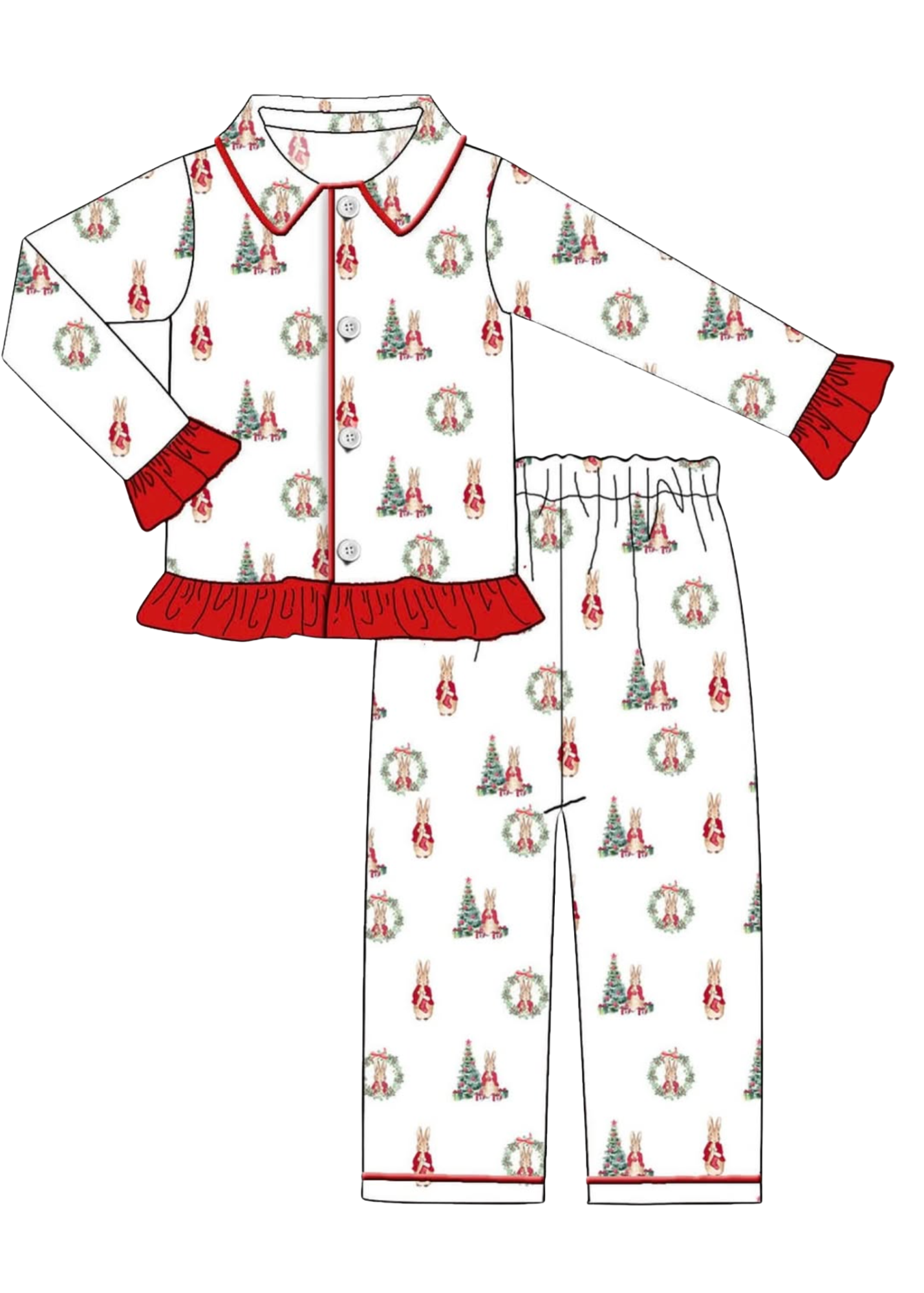 Children's pajama set with Christmas tree pattern on a white background