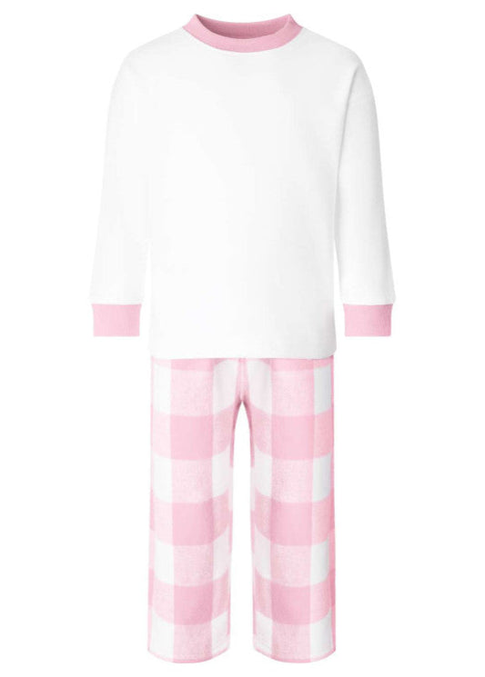 White long-sleeve top and pink plaid pants set on a white background