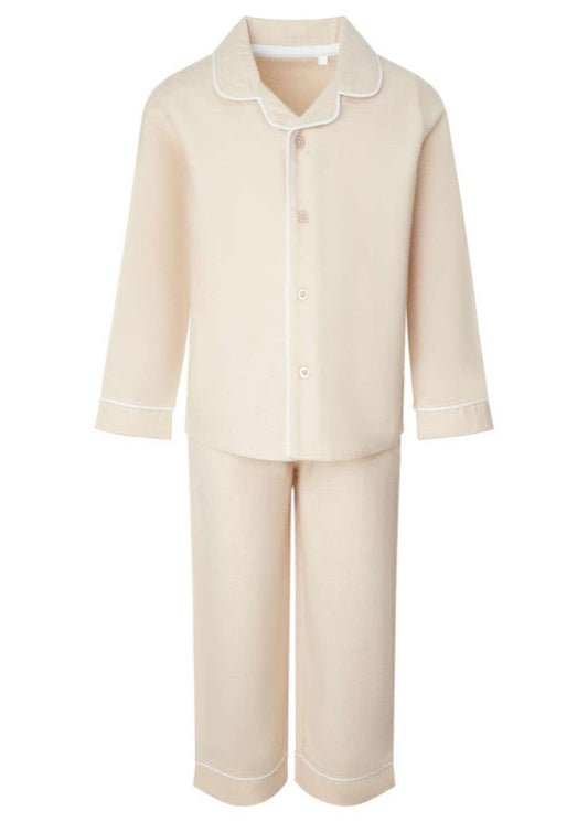 Beige pajama set with white trim on a white background