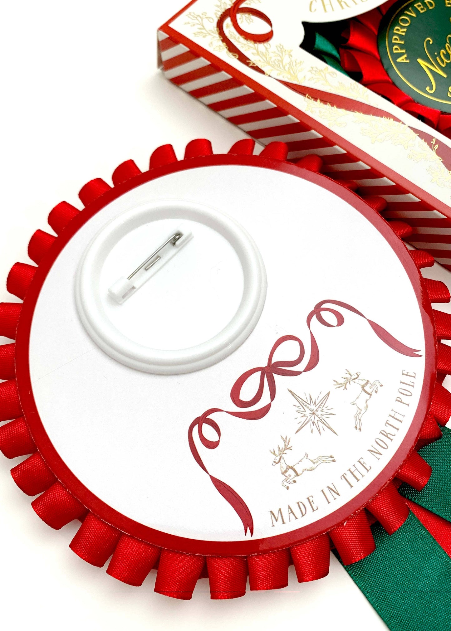 Red and white ribbon with a bow design, attached to a box labeled 'Nice List' from Santa Claus.