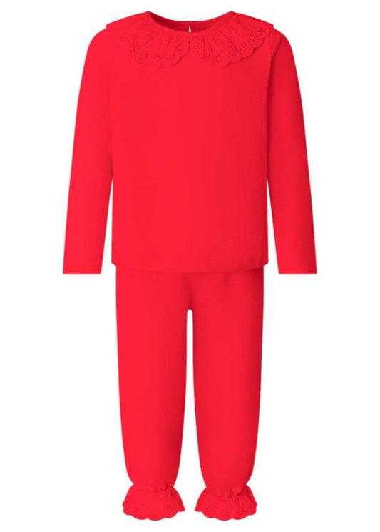 Red pajama set with ruffled collar on a white background